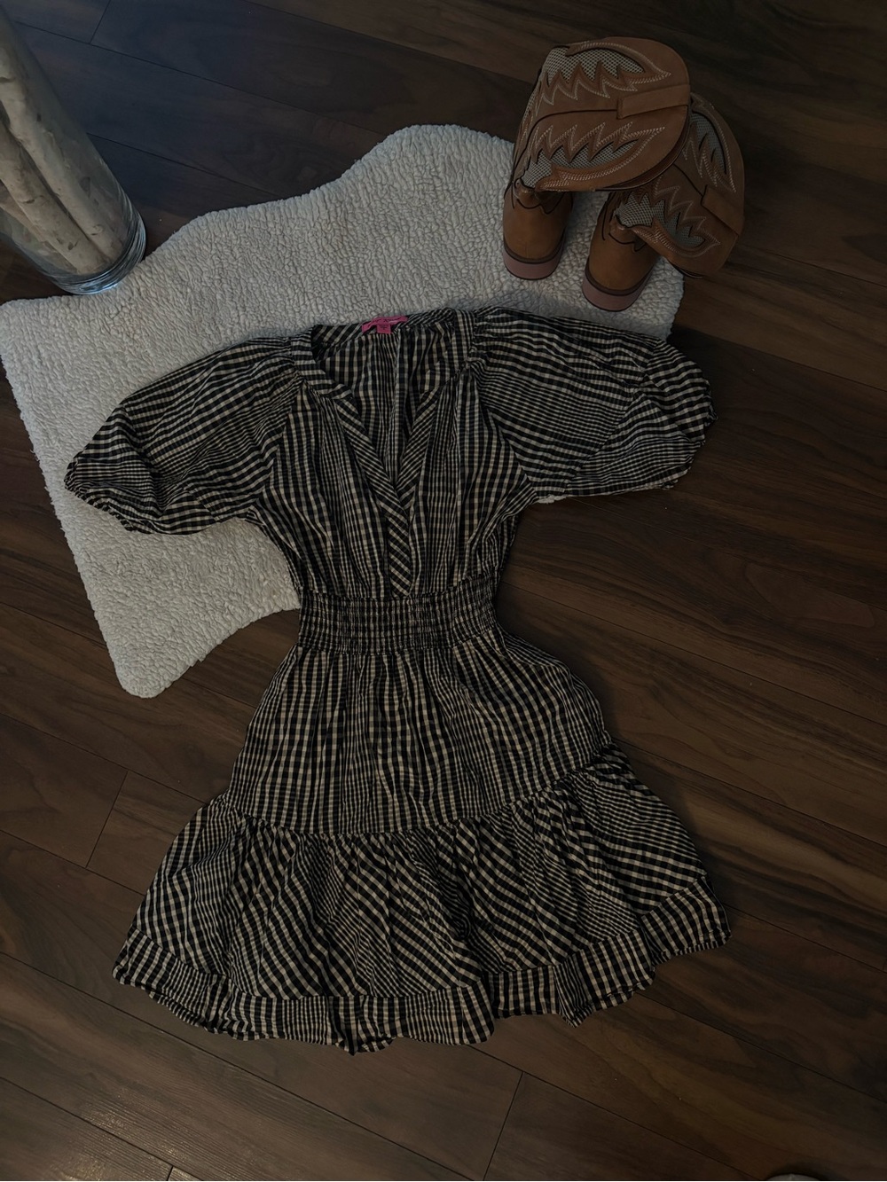 🌾Betsey Johnson Early 2000's Black and Cream Plaid Ruffles Dress